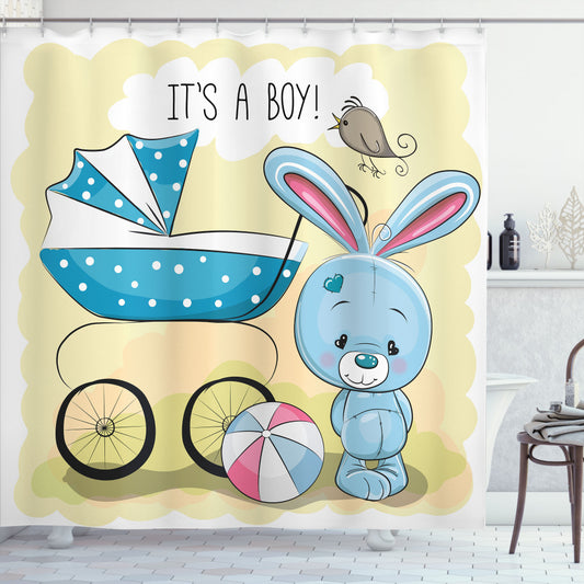 Bunny Baby Avocado Green and Blue Gender Reveal Shower Curtain