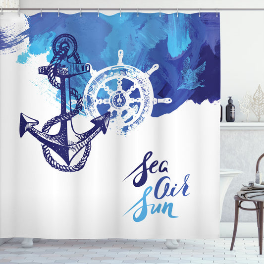 White and Blue Nautical Wheel Ocean Shower Curtain