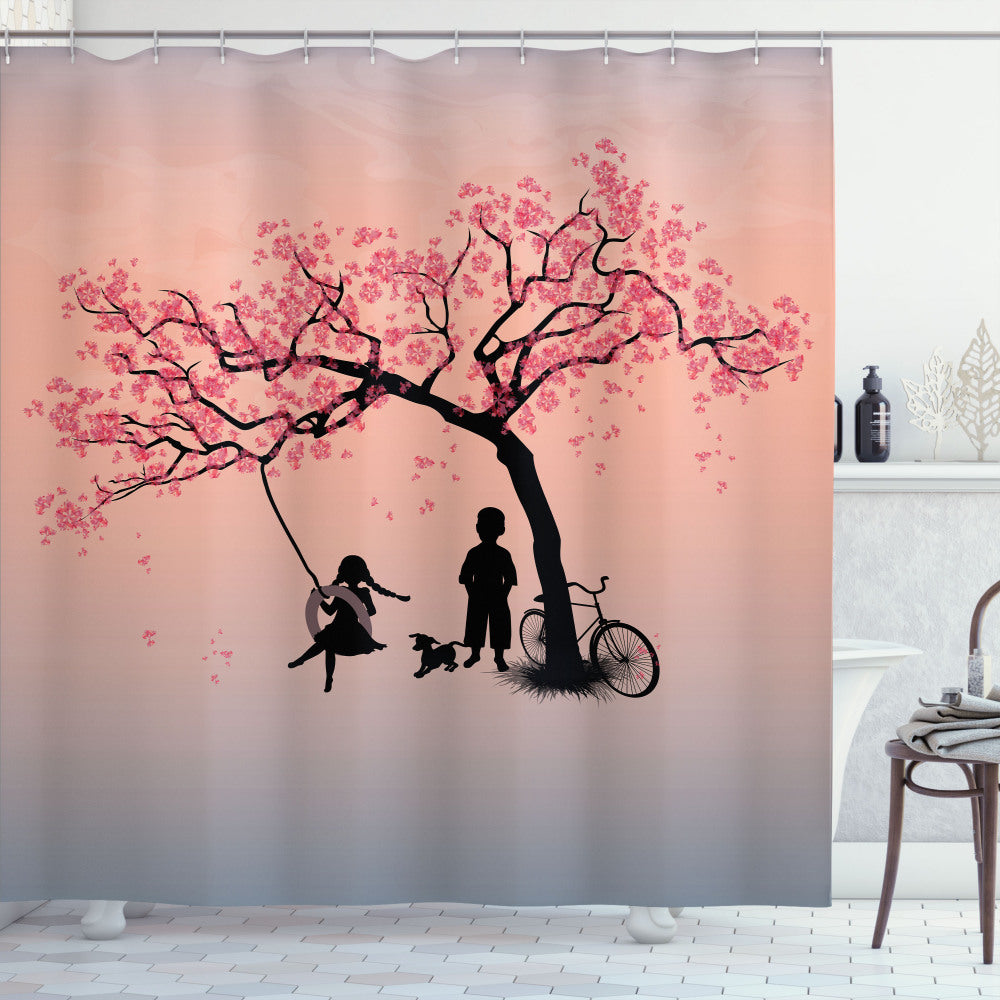 Black and Pink Tree of Life Shower Curtain in Springtime Blossom Design