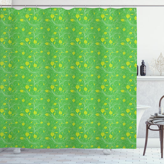 Swirling Flower Patterns in Green, Yellow, and White - Shower Curtain