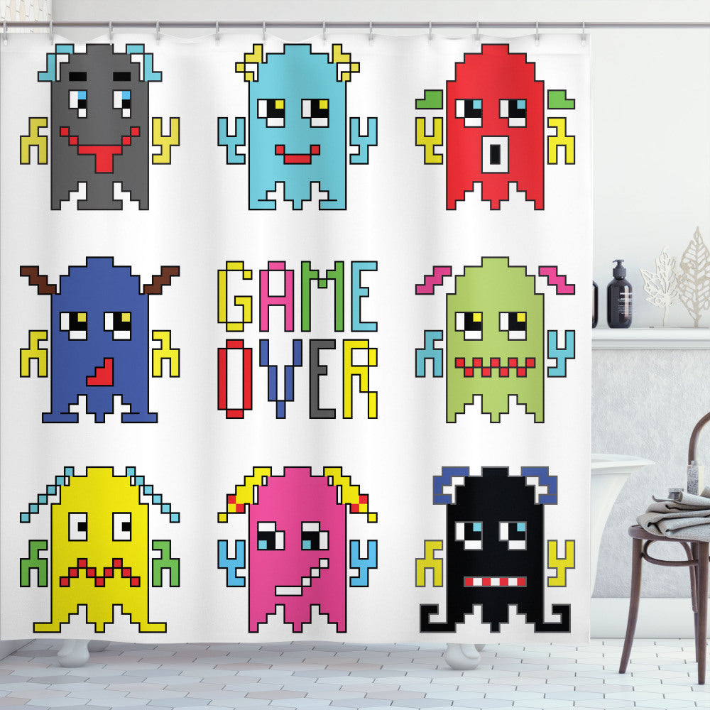 90s Inspired Pixel Robot Emotion Yellow and Red Shower Curtain design