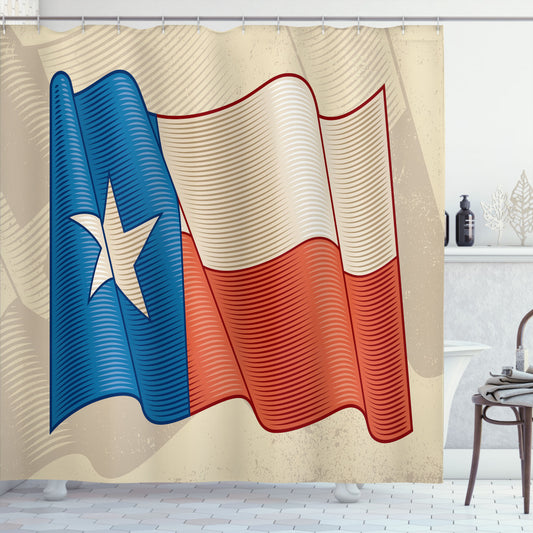 Texas Star Flapping Flag Motif Shower Curtain in Vermilion, Beige, and Blue