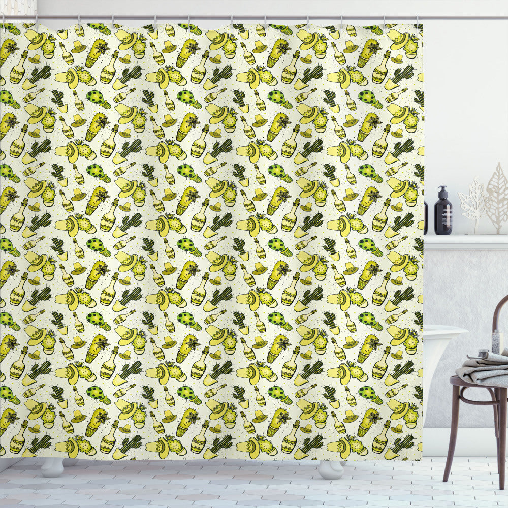 Tequila-inspired Sombrero Hat Cactus Bottle Shower Curtain in Yellow Green, Pastel Yellow, and Ivory Colors