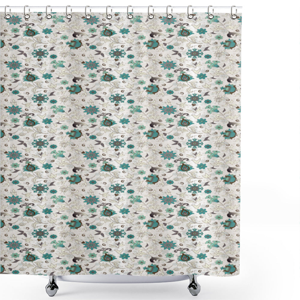 Vintage Heart Shaped Leaf Patterned Shower Curtain in Pale Sea Green, Dark Green, and Beige