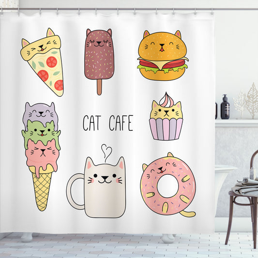 Cartoon Cats Cafe Food Shapes Multicolor Shower Curtain