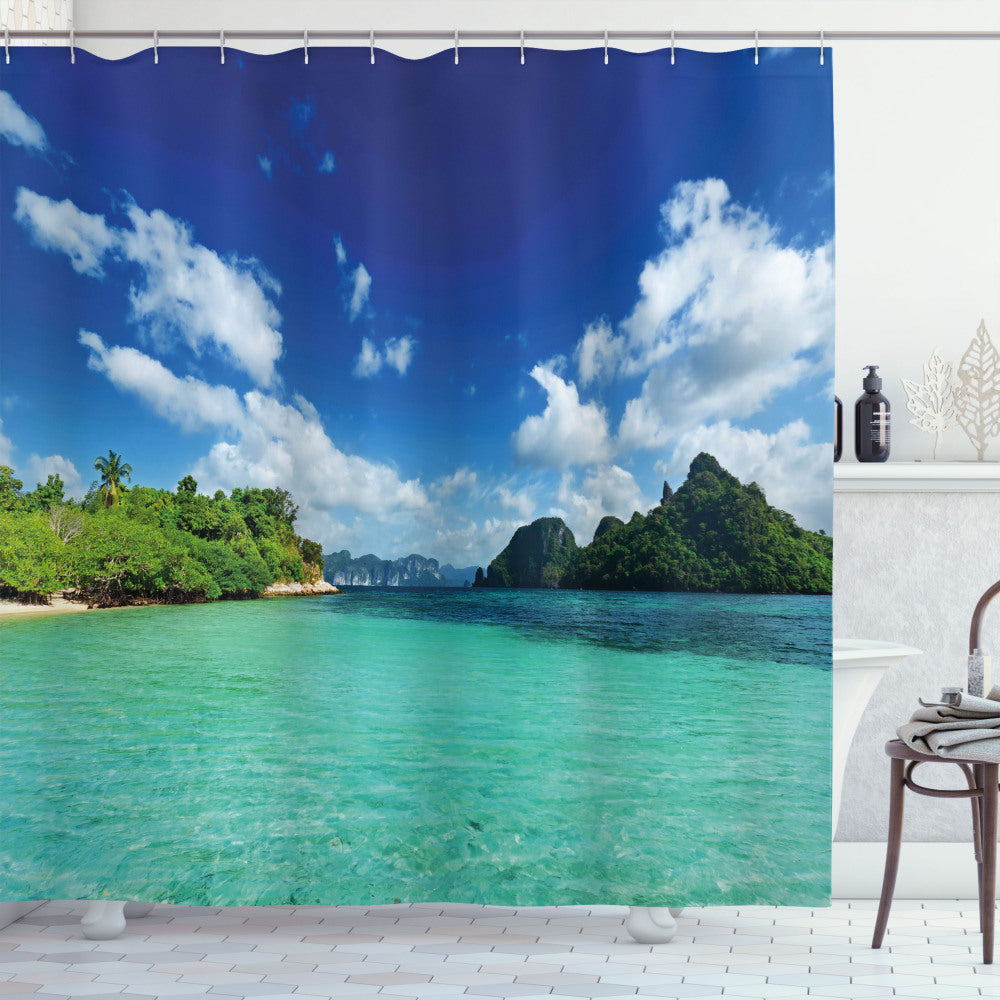 Botanic Sea Mountain: A Blend of Landscape, Turquoise, Green and Blue - Shower Curtain