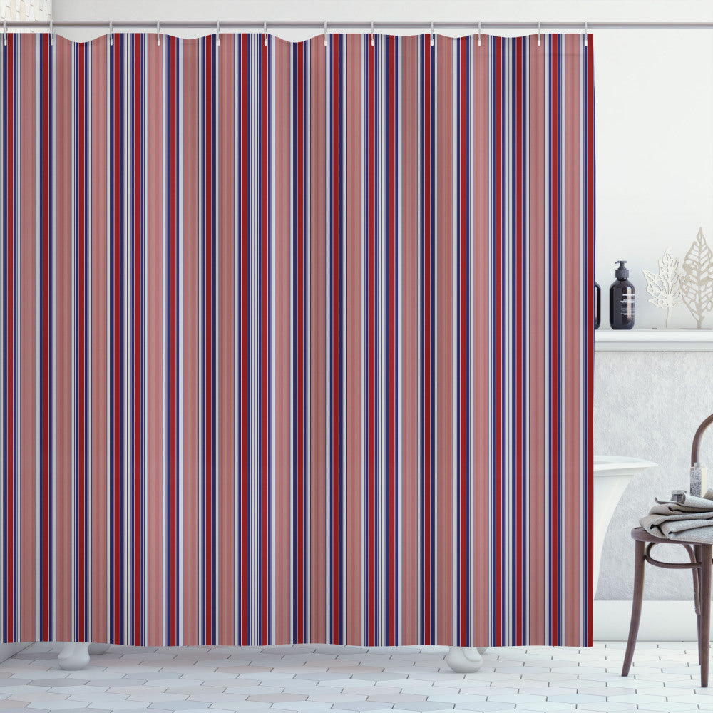 Blue, Grey, Navy, and Ruby Vertical Barcode Stripes Shower Curtain