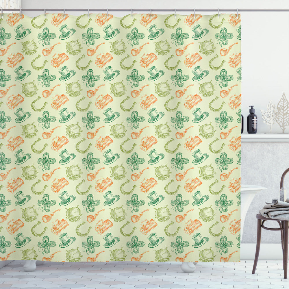 Captivating Irish Folk Inspired Shower Curtain in Shades of Clover Green, Pastel Green, Burnt Orange, Hunter Green, and Pale Olive Green