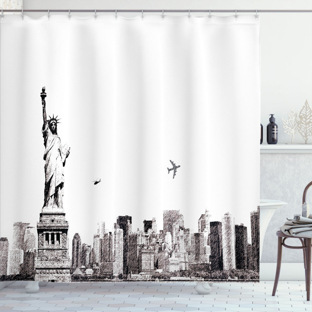 Urban Cityscape Shower Curtain in White and Grey - New York Skyline Design