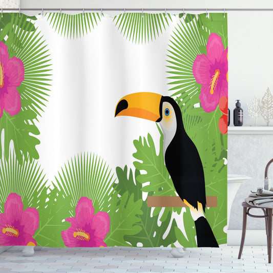 Tropical Paradise: Exotic Plants and Bird Shower Curtain in Lime Green, Pink, Charcoal Grey, and Orange