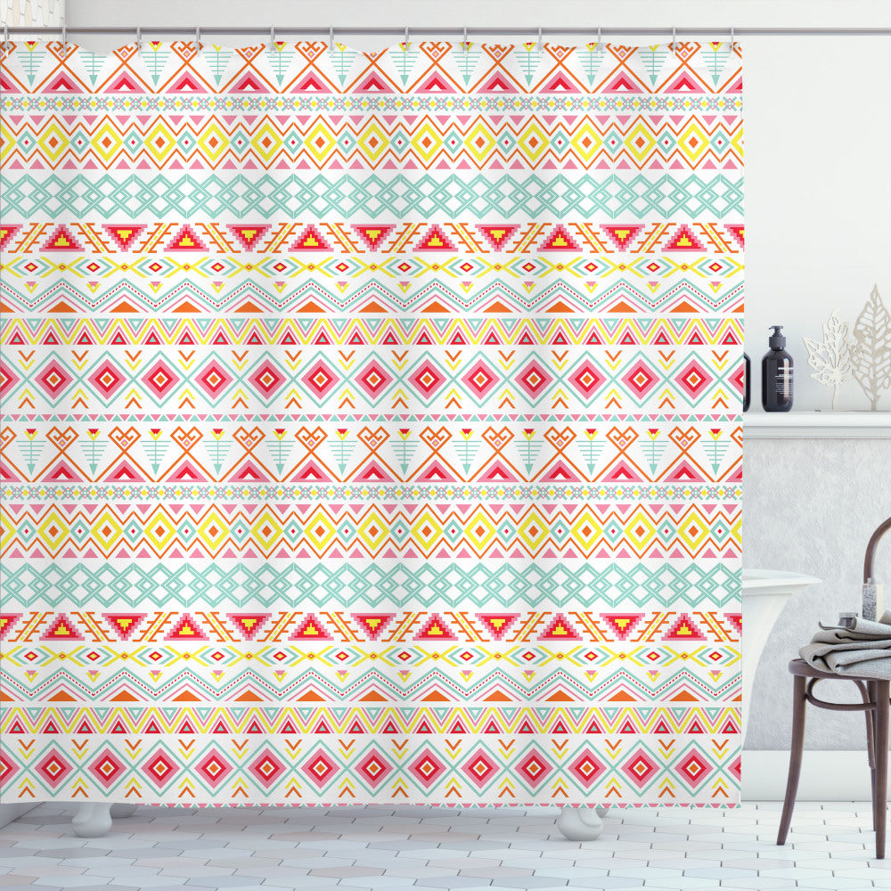 Tribal-inspired Aztec Art Shower Curtain in Native Style Colors: Yellow, Pink, Aqua, Red.