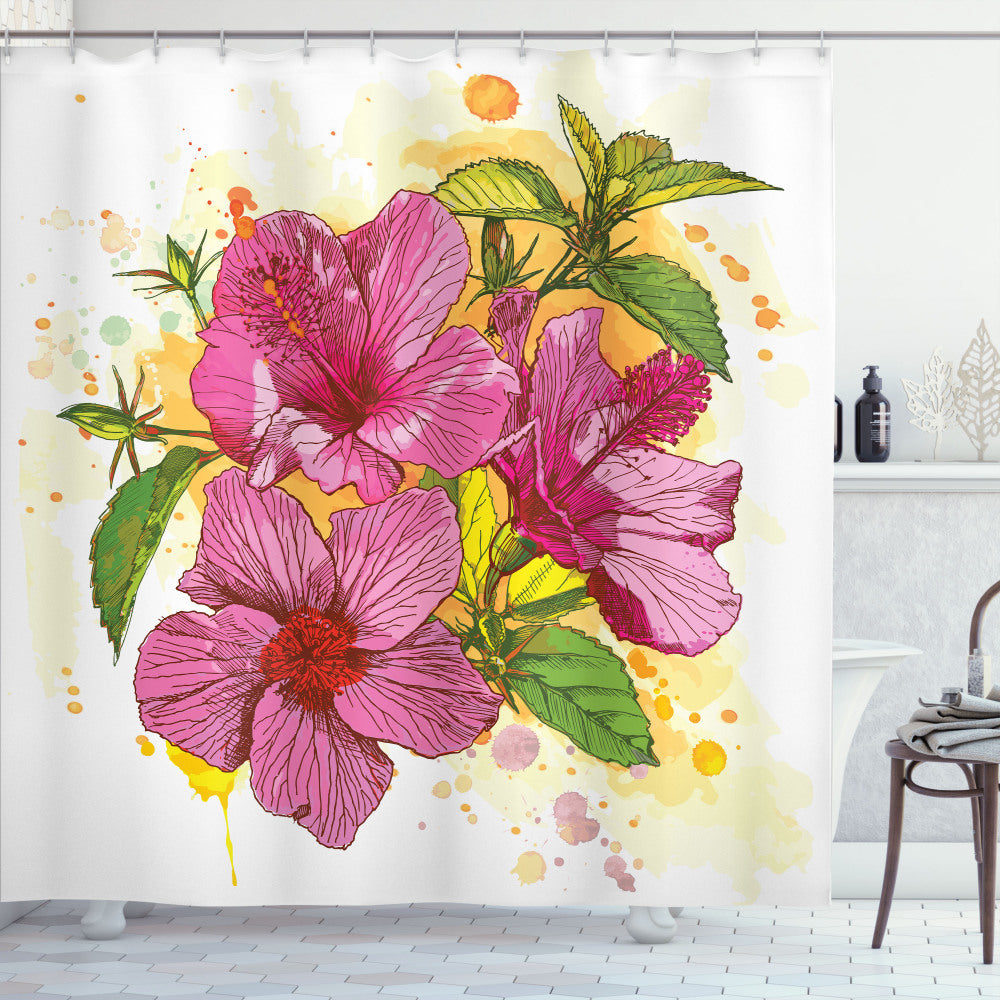 Vibrant Hibiscus Floral Bath Curtain in Earth Yellow, Fuchsia, White, and Green