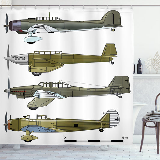 Airplane-themed Dive Planes Shower Curtain in White, Green, and Grey