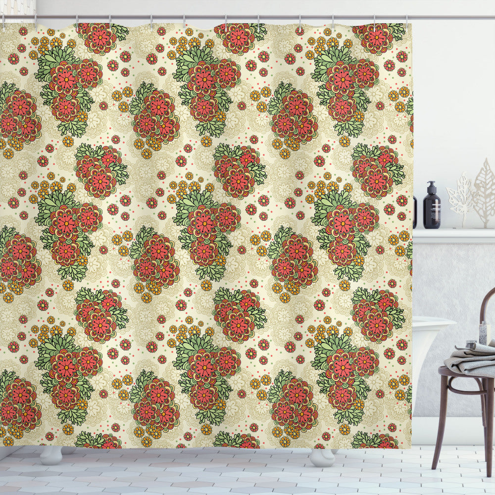 Autumn-Inspired Floral Shower Curtain in Orange and Olive Green Palette