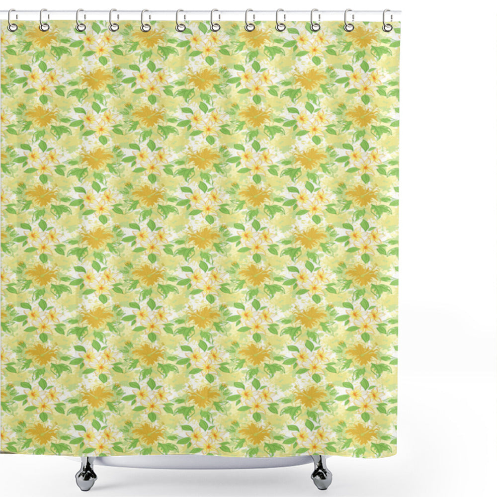 Yellow and White Hibiscus Plumeria Floral Shower Curtain with Fern Green and Amber Accents