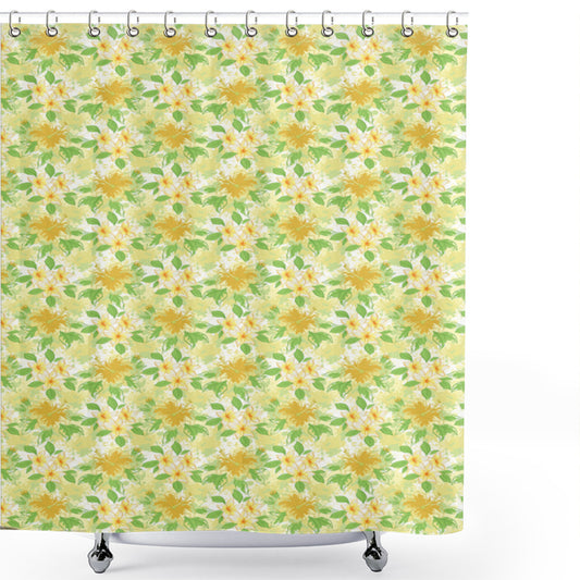 Yellow and White Hibiscus Plumeria Floral Shower Curtain with Fern Green and Amber Accents