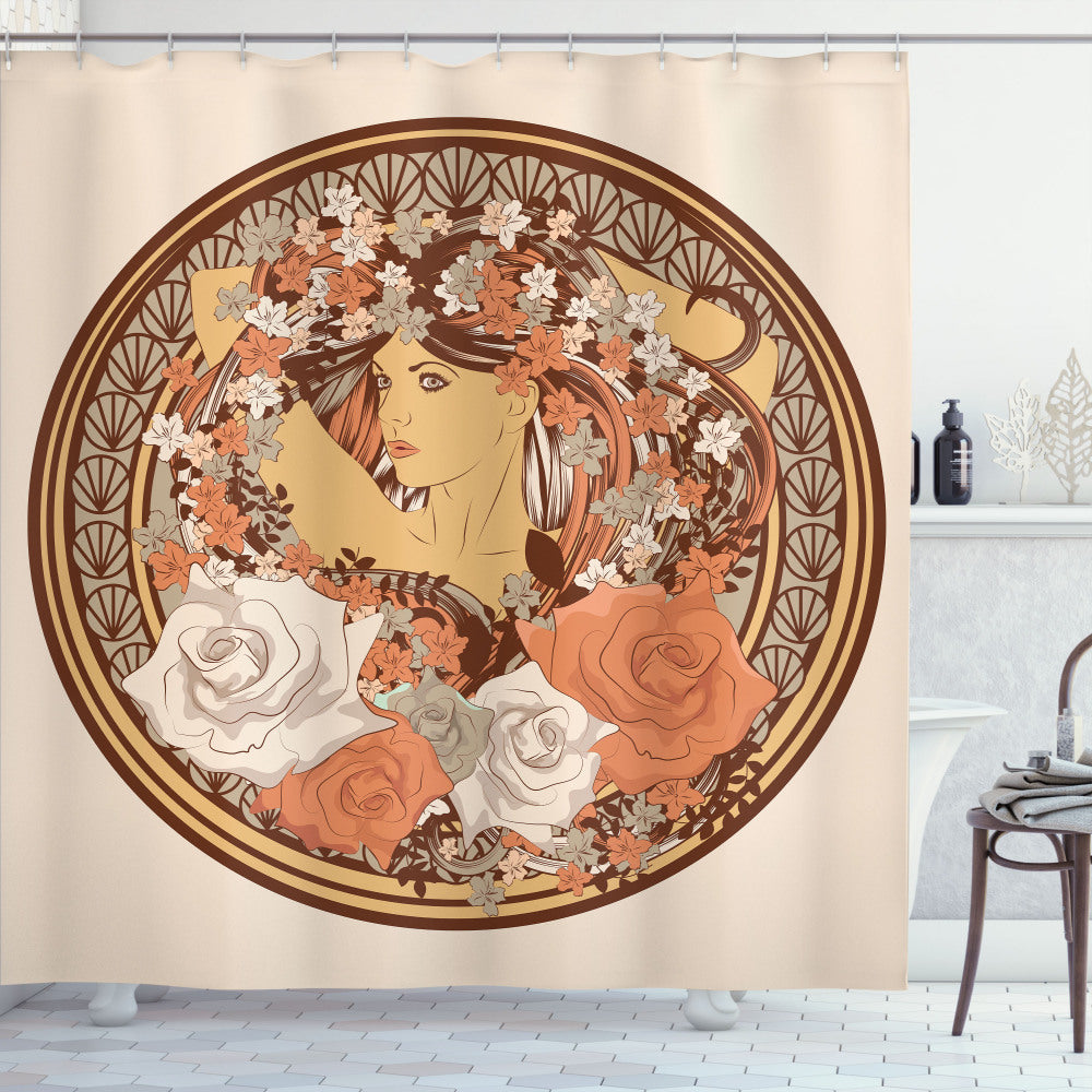 Boho Brown Hippie Girl Floral Shower Curtain - Bohemian Bathroom Decor