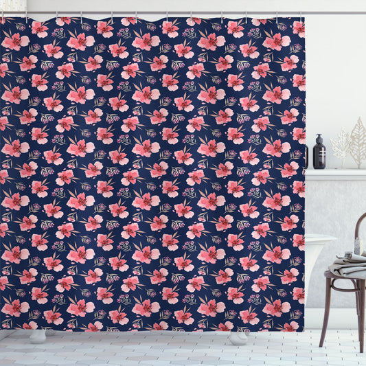 Watercolor Flowers in Vibrant Tropical Blooms - Pale Pink, Indigo, and Coral Shower Curtain