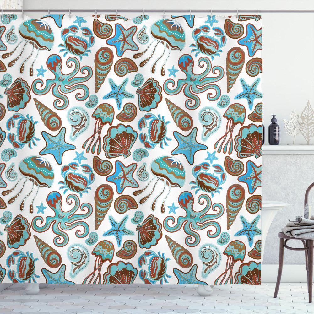 Turquoise and Brown Crabs Octopus Shells Sea Shower Curtain