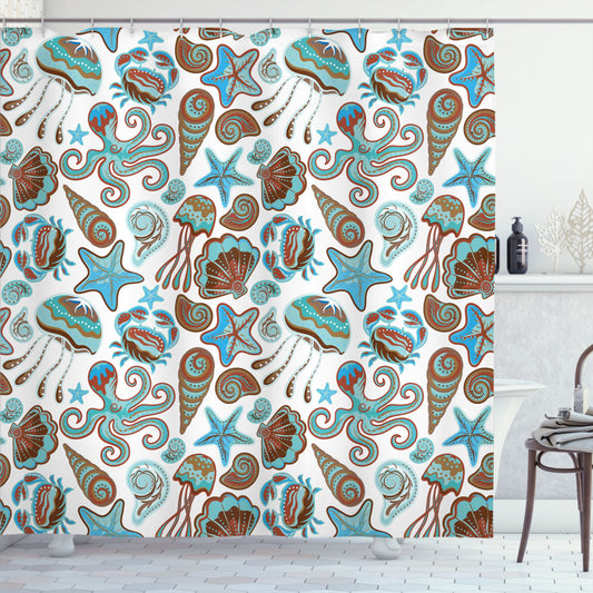 Turquoise and Brown Crabs Octopus Shells Sea Shower Curtain