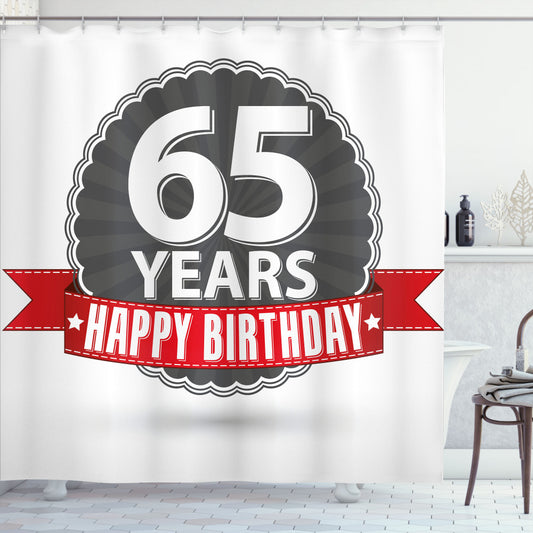 Classical Age Inspired 65th Birthday Shower Curtain in White, Grey, and Red