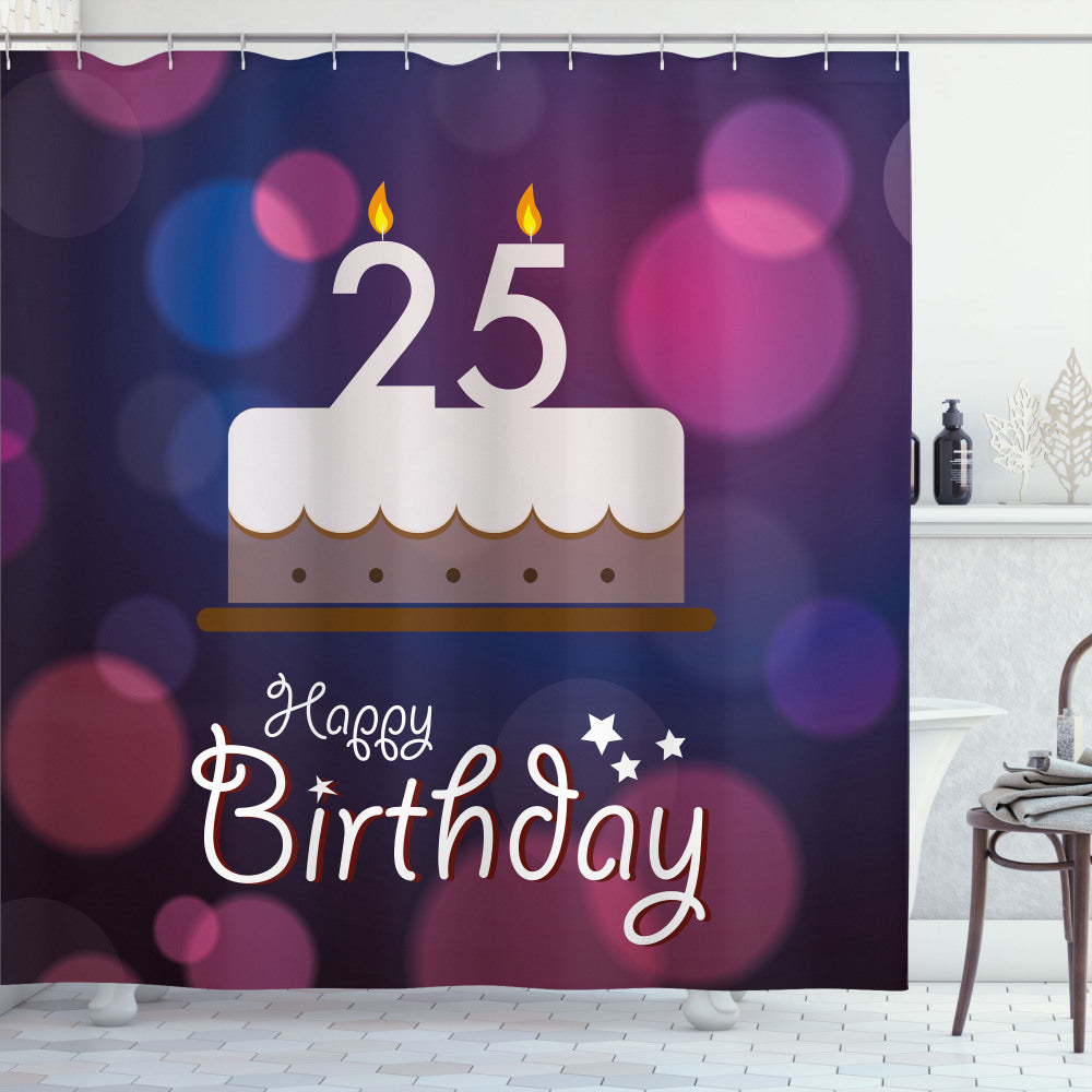 Cake Dots 25th Birthday Shower Curtain in White, Pink, and Blue