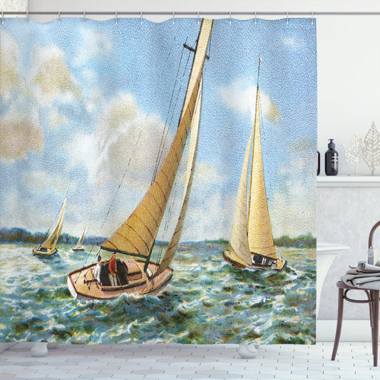 Vintage Boat Multicolor Wavy Sea Sailing Shower Curtain