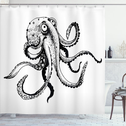 Whimsical Octopus Doodle Comic Art Shower Curtain in Black and White