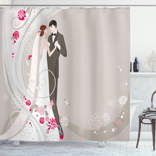 Wedding Ceremony Bride and Groom Shower Curtain in Black, Grey, and Pink