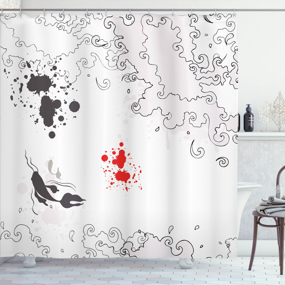 Asian Inspired Koi Fish Swimming Art Shower Curtain featuring White, Black, Grey, and Red Colors