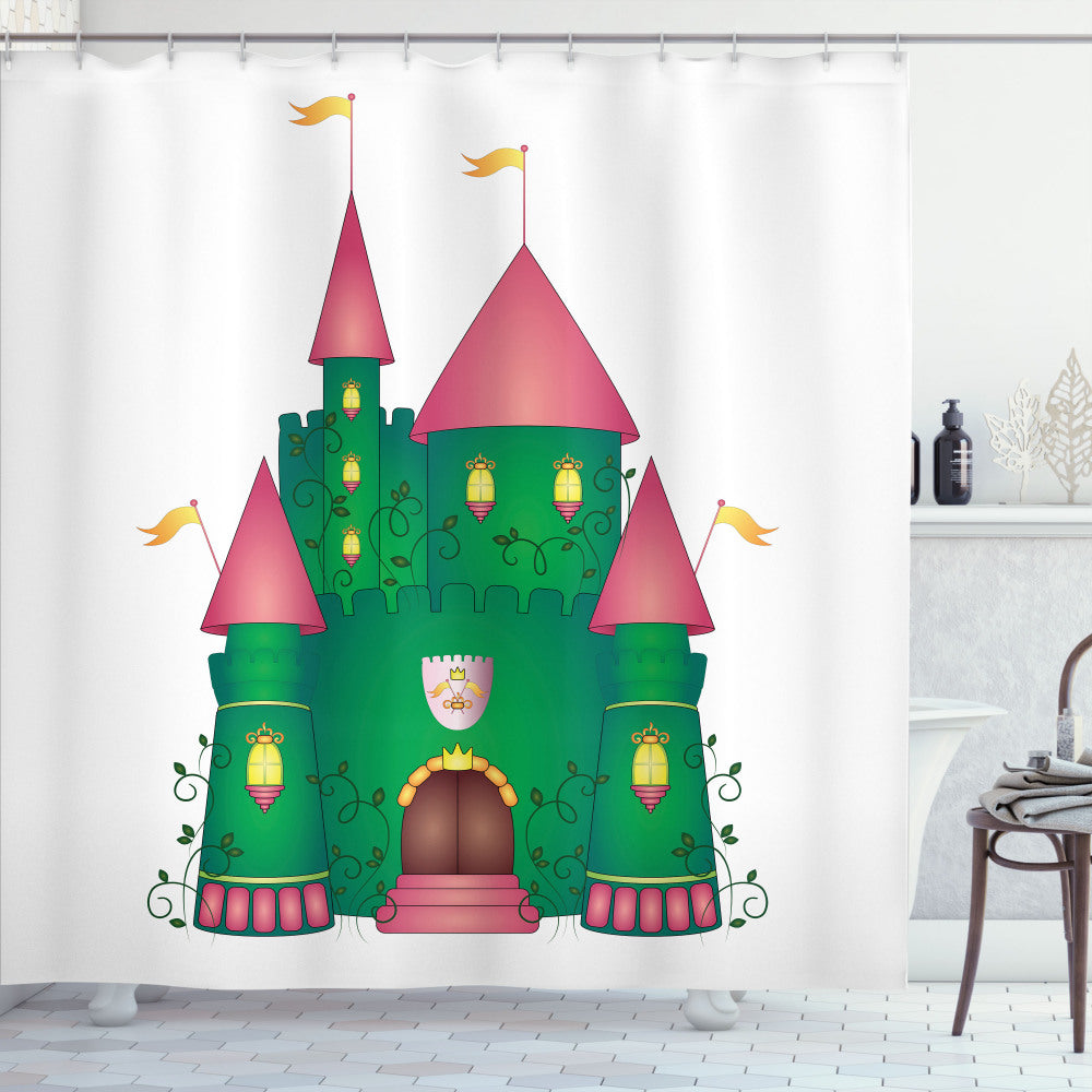 Vibrant Castle Cartoon Shower Curtain in Castle, Dried Rose, Jade Green, Pale Redwood, and Mustard Color Palette