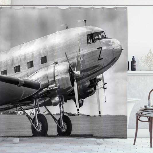 Vintage Black and Grey Airplane Shower Curtain: A Nostalgic Touch to Your Bathroom