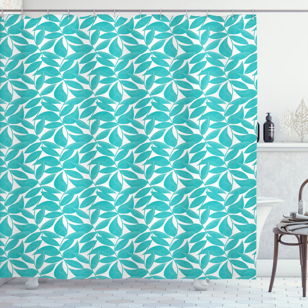 Turquoise and White Foliage Leaf Pattern Shower Curtain - Elevated Design for Your Bathroom