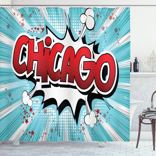 Chicago Pop Art Comic Book Inspired Aqua and Vermilion Shower Curtain from Illinois