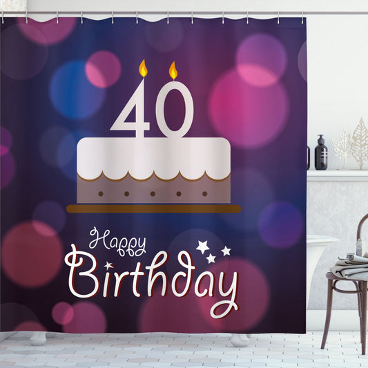 40th Birthday Cake Dots Shower Curtain in Purple, White, and Pink