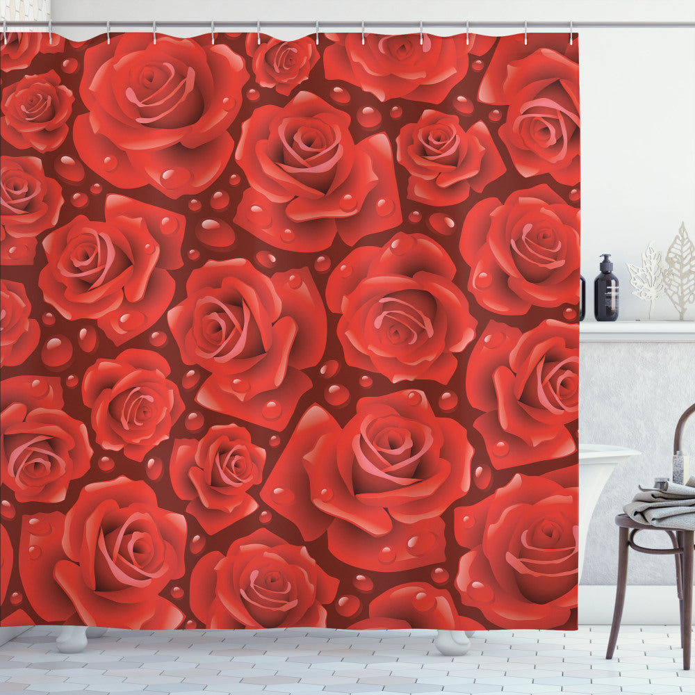 Vermilion Rose Ruby Shower Curtain: Red Roses Glistening with Rain Drops