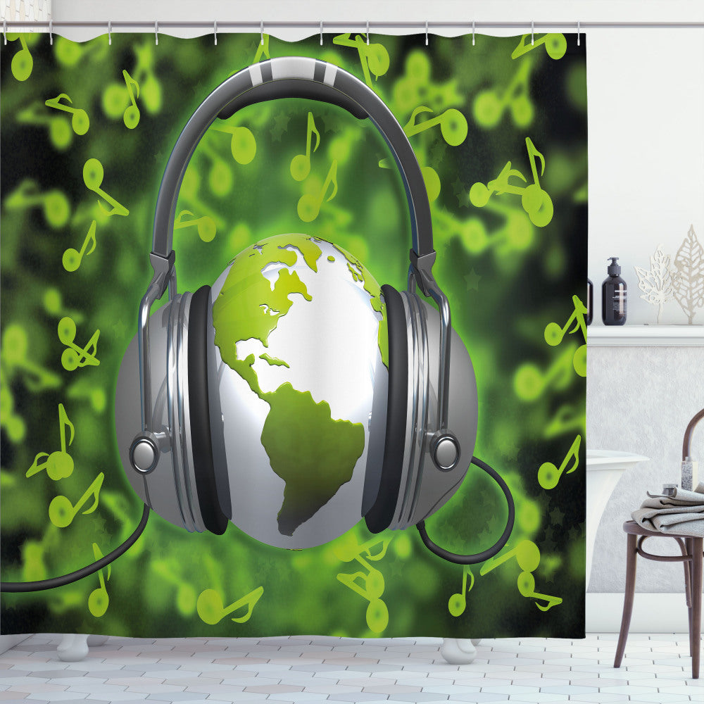 Worldly Beats: Lime Green and Grey Headphone Music Globe Shower Curtain