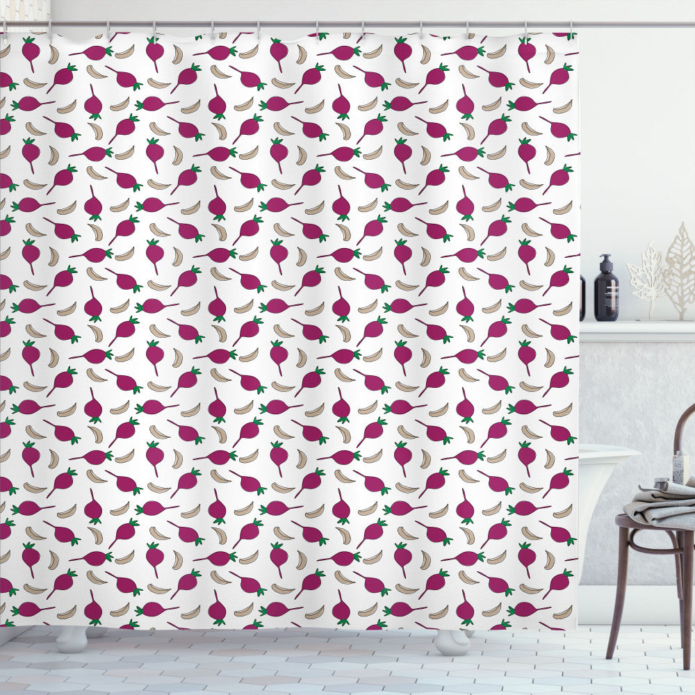 Cartoon Garlic and Beet Vegetable Design Shower Curtain in Dark Magenta, Hunter Green, Dark Tan, and White