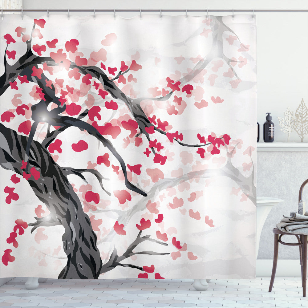 Twisted Trunk Cherry Blossom Shower Curtain in Charcoal Grey, Dark Coral, and Rose Colors