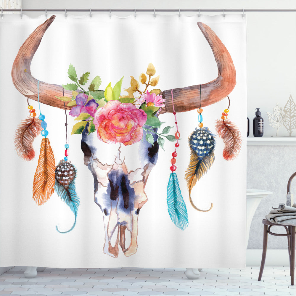 Watercolor Bull Skull Boho Plant Multicolor Shower Curtain