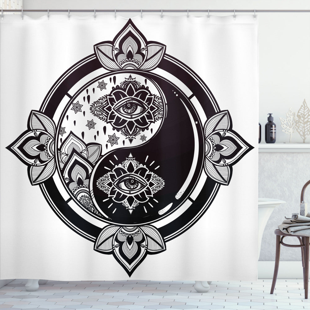 Yin Yang Inspired Floral Third Eye Design Shower Curtain in Black and White