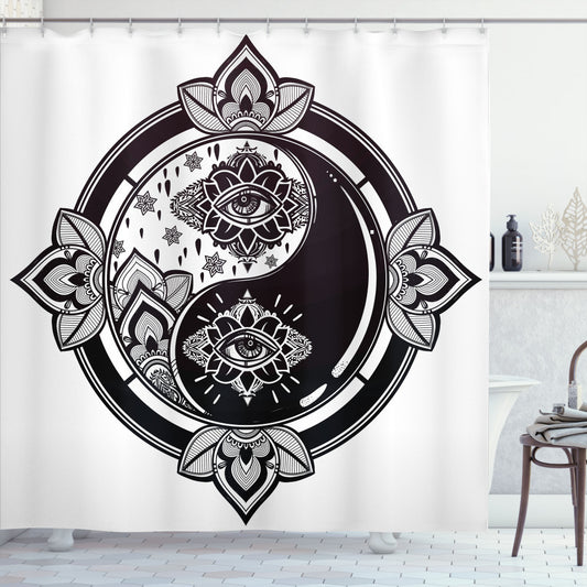 Yin Yang Inspired Floral Third Eye Design Shower Curtain in Black and White