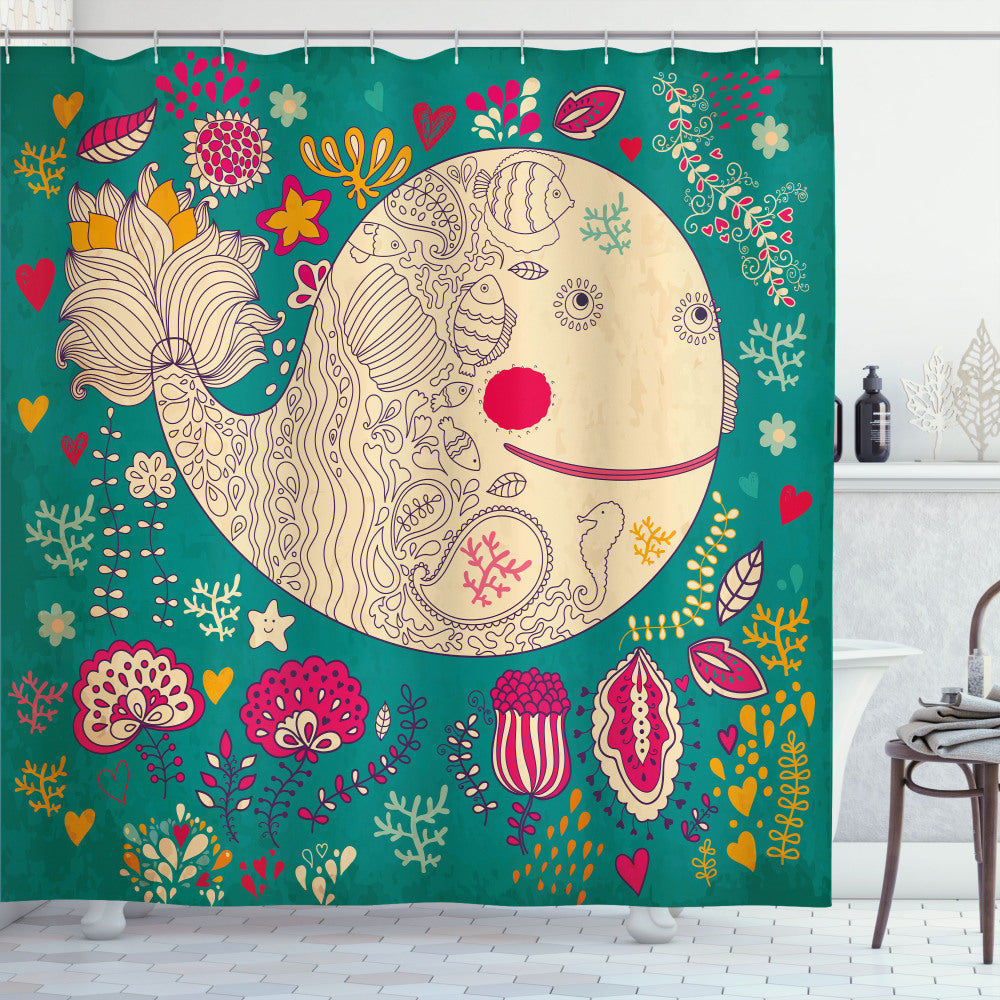 Whale Multicolor Bath Curtain: Happy Sea Giant Blooms