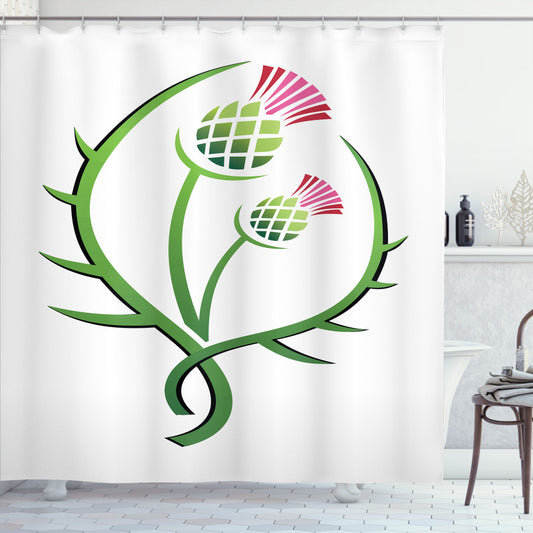 Thistle Inspired Graphic Flower Design Bath Curtain in Lime Green, White, and Pink