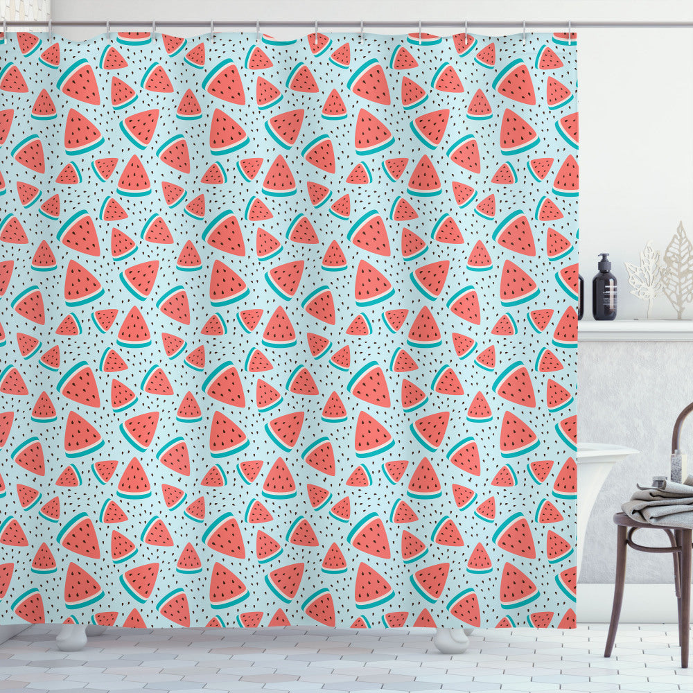 Watermelon Slices and Seeds Fruit Shower Curtain in Pale Blue, Dark Seafoam, Dark Peach, and Dark Rosewood Palette