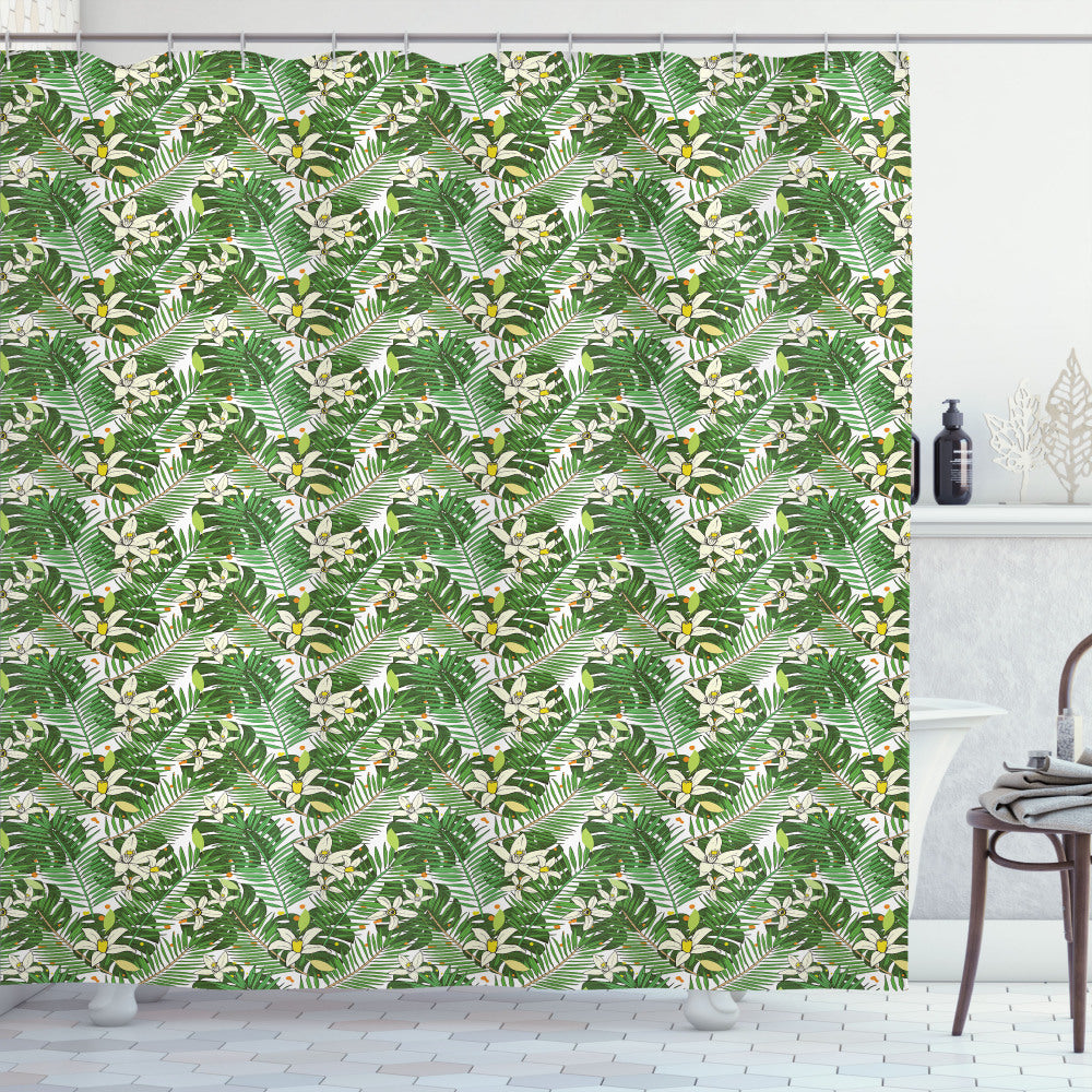 Tropical Multicolor Flowers and Fern Leaves Shower Curtain