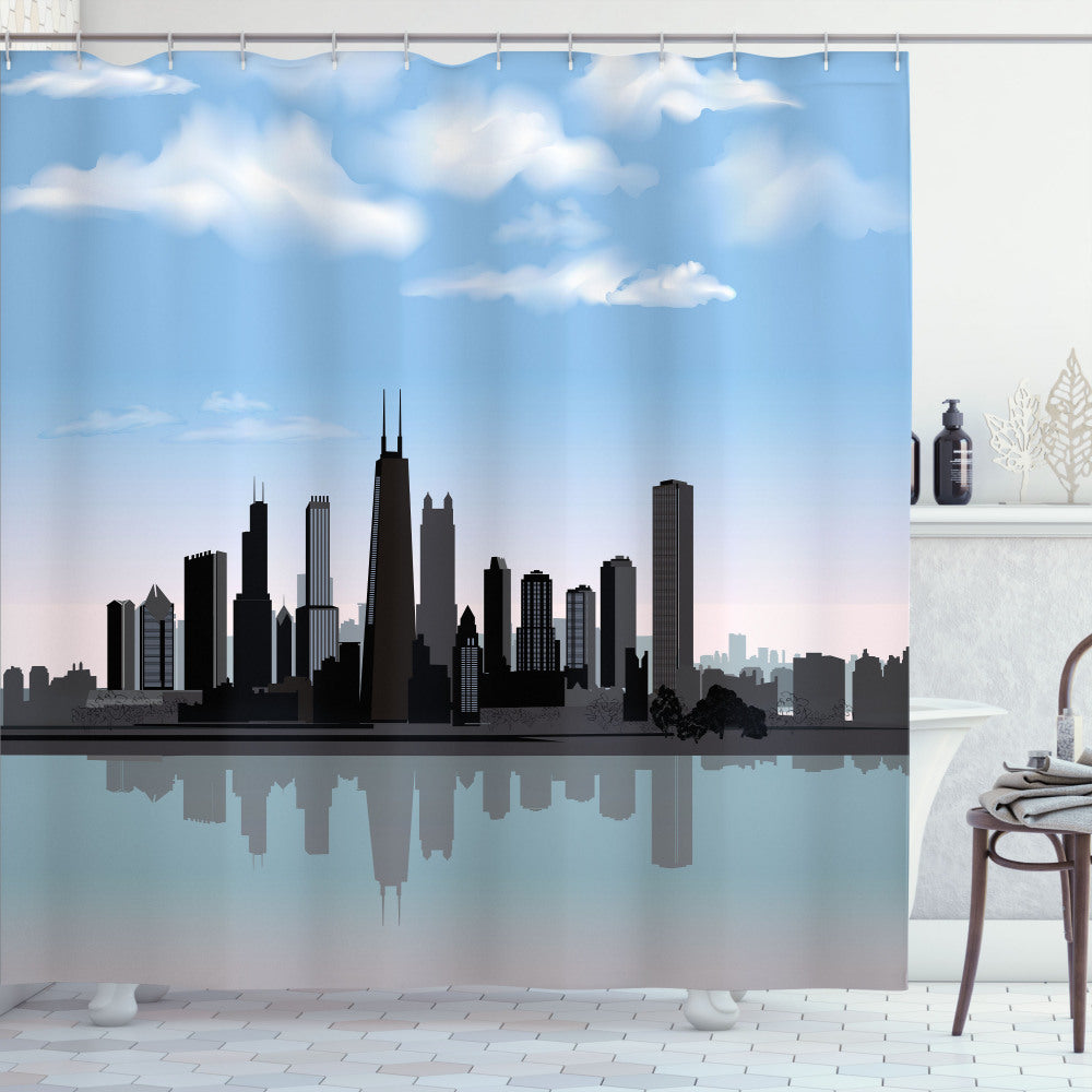 Chicago Skyline Inspired Mississippi River City Bath Curtain in Blue Grey and Onyx