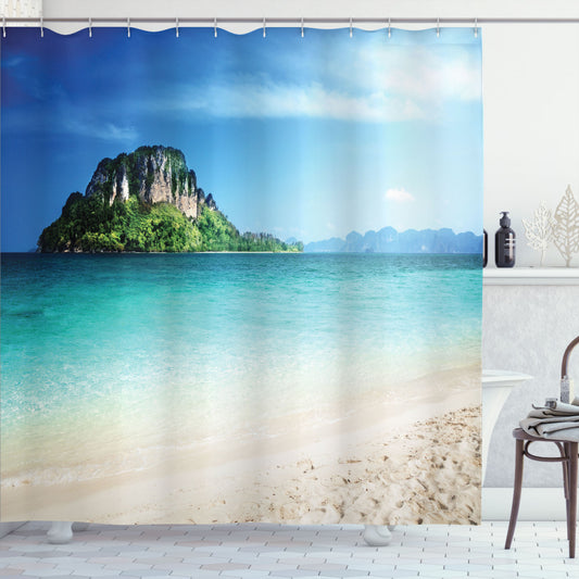 Beach, Cream, Green, Blue: Tropic Island Scenery Shower Curtain