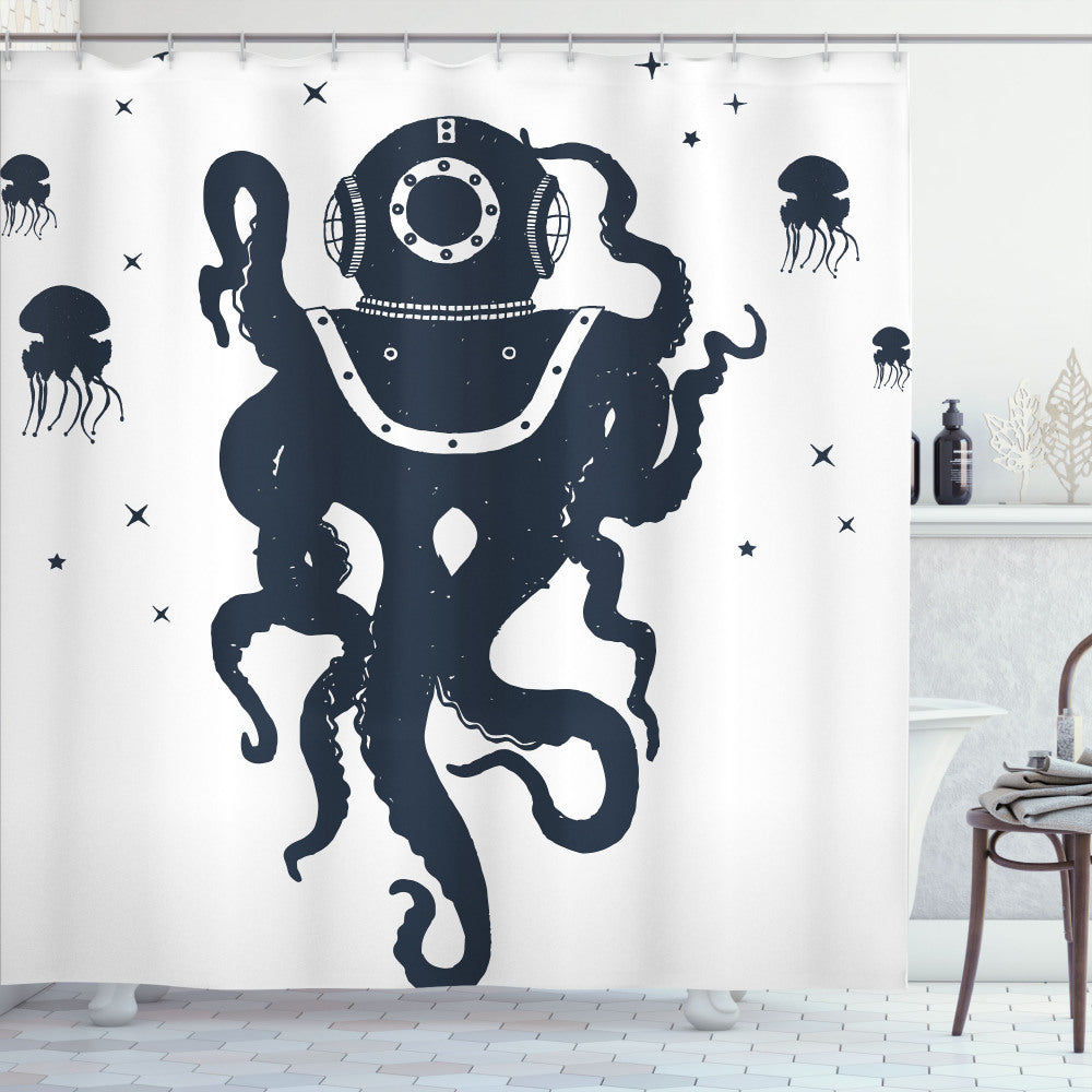 Vintage Nautical Tattoo Octopus Costume Inspired Dark Violet Blue and White Shower Curtain