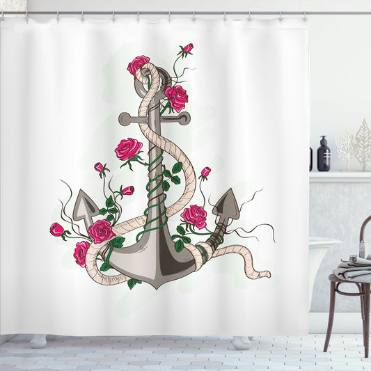 Anchor Taupe, Green, and Pink: A Romantic Marine-Inspired Shower Curtain